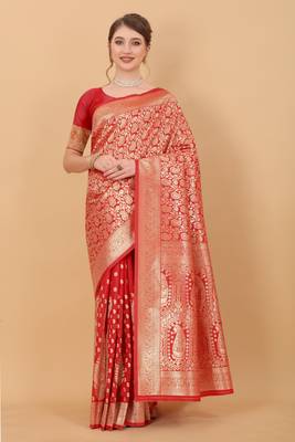 Design Banarasi Silk Blend Red Zari Woven Border Traditional Saree With Blouse  1
