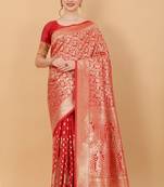 Design Banarasi Silk Blend Red Zari Woven Border Traditional Saree With Blouse 