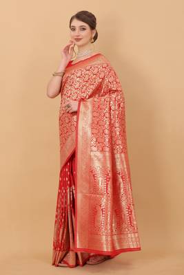 Design Banarasi Silk Blend Red Zari Woven Border Traditional Saree With Blouse  2