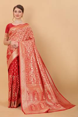 Design Banarasi Silk Blend Red Zari Woven Border Traditional Saree With Blouse  3
