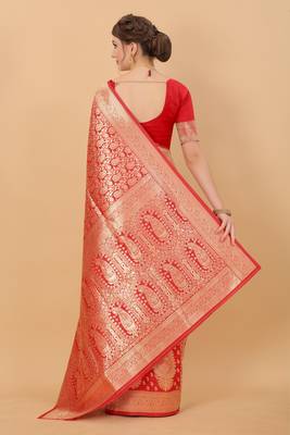 Design Banarasi Silk Blend Red Zari Woven Border Traditional Saree With Blouse  4