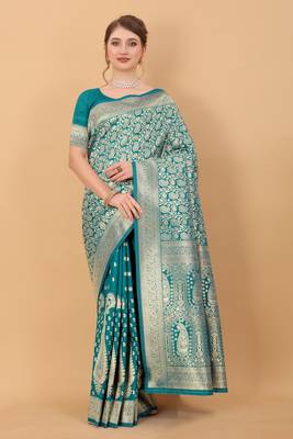 KORAMS DESIGN BANARASI SILK BLEND TEAL ZARI WOVEN BORDER TRADITIONAL SAREE WITH BLOUSE  1