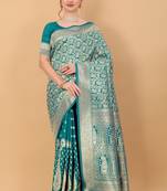 KORAMS DESIGN BANARASI SILK BLEND TEAL ZARI WOVEN BORDER TRADITIONAL SAREE WITH BLOUSE 