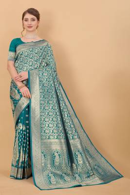 KORAMS DESIGN BANARASI SILK BLEND TEAL ZARI WOVEN BORDER TRADITIONAL SAREE WITH BLOUSE  3