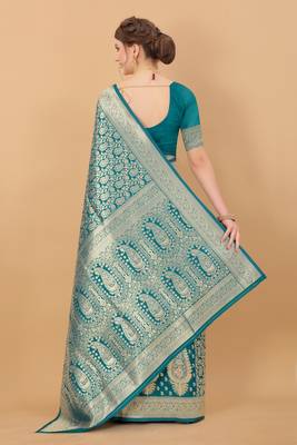 KORAMS DESIGN BANARASI SILK BLEND TEAL ZARI WOVEN BORDER TRADITIONAL SAREE WITH BLOUSE  4