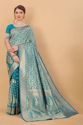 KORAMS DESIGN BANARASI SILK BLEND SKY BLUE ZARI WOVEN BORDER TRADITIONAL SAREE WITH BLOUSE  3