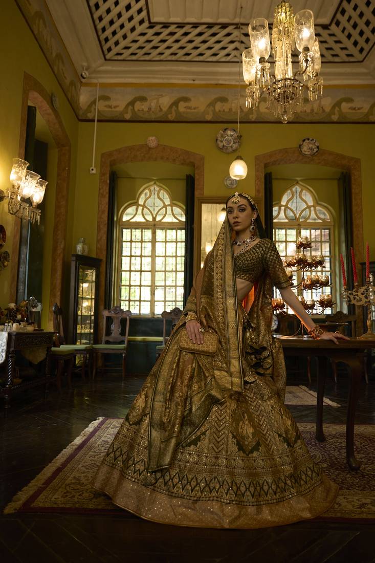 SHOT GOLDEN BROWN & SHOT MEHNDI Printed Silk Traditional Lehnga Choli with Blouse Free Size