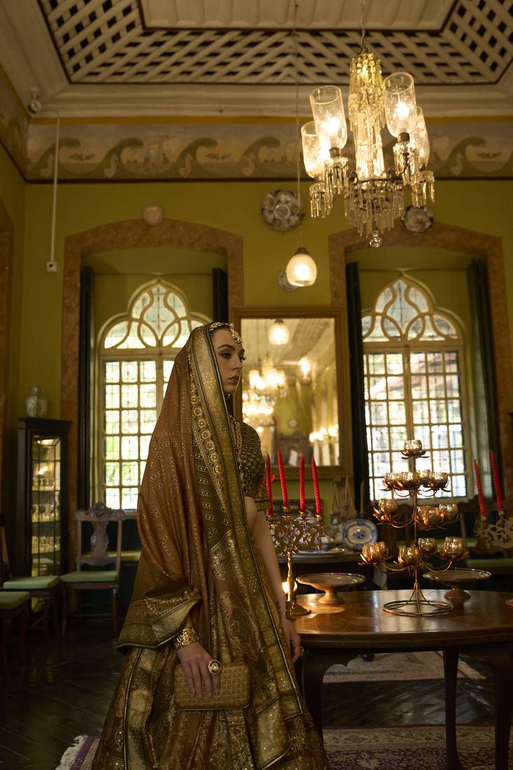 SHOT GOLDEN BROWN & SHOT MEHNDI Printed Silk Traditional Lehnga Choli with Blouse Free Size