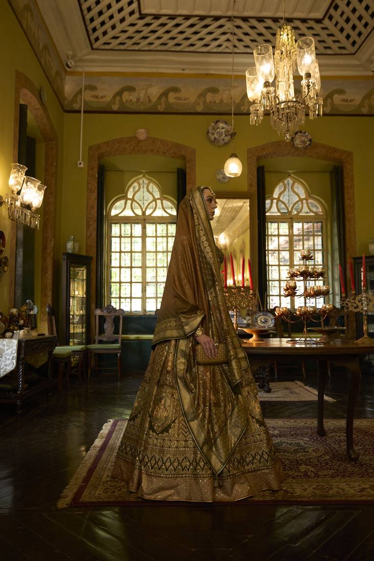 SHOT GOLDEN BROWN & SHOT MEHNDI Printed Silk Traditional Lehnga Choli with Blouse Free Size