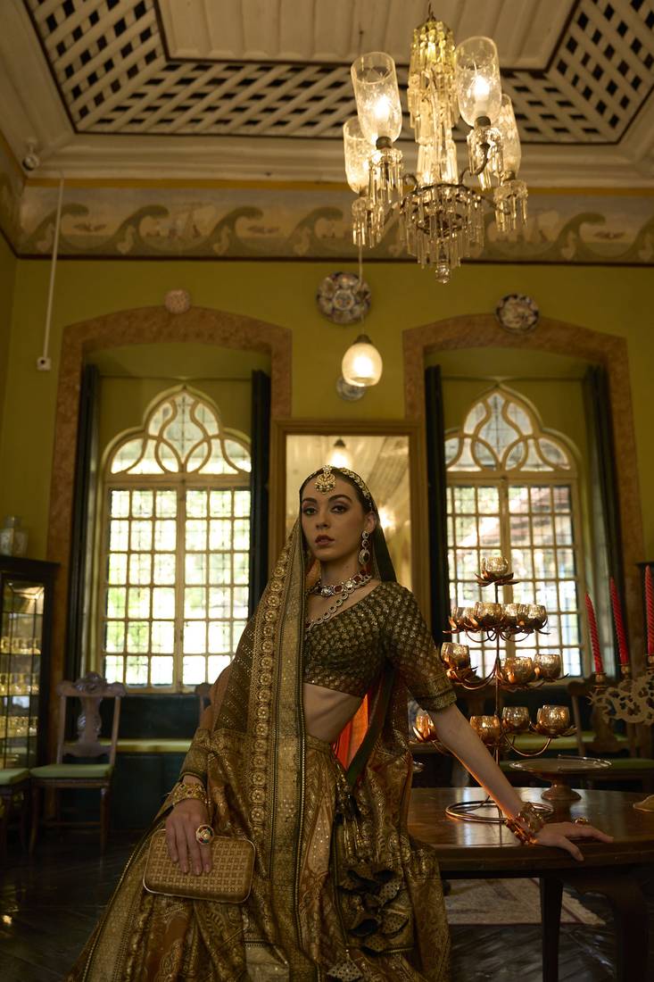 SHOT GOLDEN BROWN & SHOT MEHNDI Printed Silk Traditional Lehnga Choli with Blouse Free Size