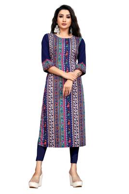 Women's Digital Printed American Crepe Straight Kurti (MAC15NAVY) 1
