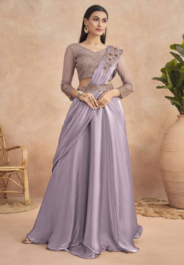Lavender Embroidered Fancy Fabric Saree With Blouse