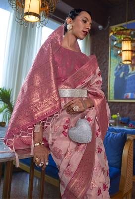Pink Woven Organza Saree With Blouse 2