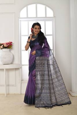 Purple printed tussar silk saree with blouse 1