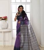 Purple printed tussar silk saree with blouse