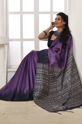 Purple printed tussar silk saree with blouse 2