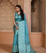 Aqua blue woven raw silk saree with blouse