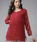 Hand Embroidered Red Georgette Lucknowi Chikankari Indian Women Straight Short Kurti With Slip