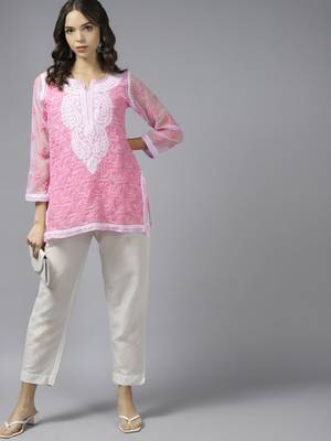 Hand Embroidered Pink Georgette Lucknowi Chikankari Indian Women Kurti With Slip 5