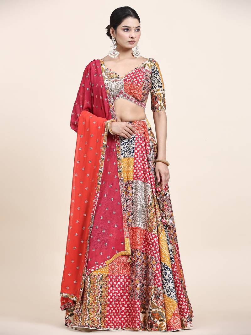Multi Colour Embroidered Silk Traditional Lehnga Choli with Blouse Free Size