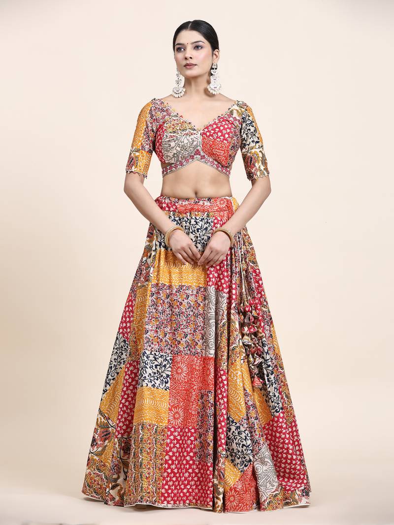 Multi Colour Embroidered Silk Traditional Lehnga Choli with Blouse Free Size
