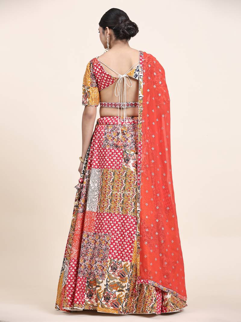 Multi Colour Embroidered Silk Traditional Lehnga Choli with Blouse Free Size