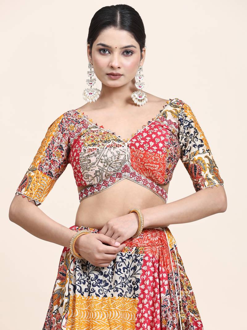 Multi Colour Embroidered Silk Traditional Lehnga Choli with Blouse Free Size