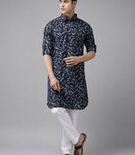 Men Indigo Regular Pure Cotton Pathani Printed Men's Kurta With White Salwar
