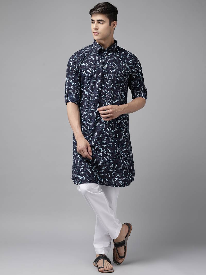 Men Indigo Regular Pure Cotton Pathani Printed Men's Kurta With White Salwar
