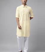Men Off White Regular Pure Cotton Pathani Printed Men's Kurta