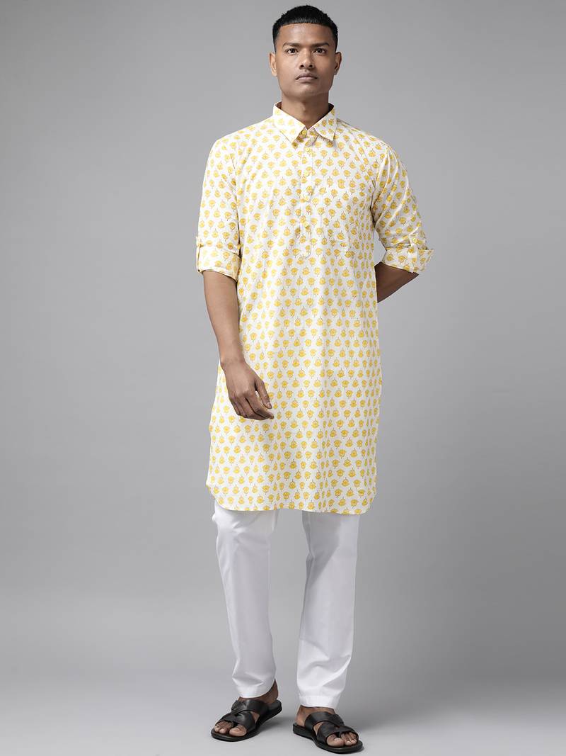 Men Off White Regular Pure Cotton Pathani Printed Men's Kurta