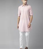 Men Baby Pink Regular Pure Cotton Pathani Printed Men's Kurta
