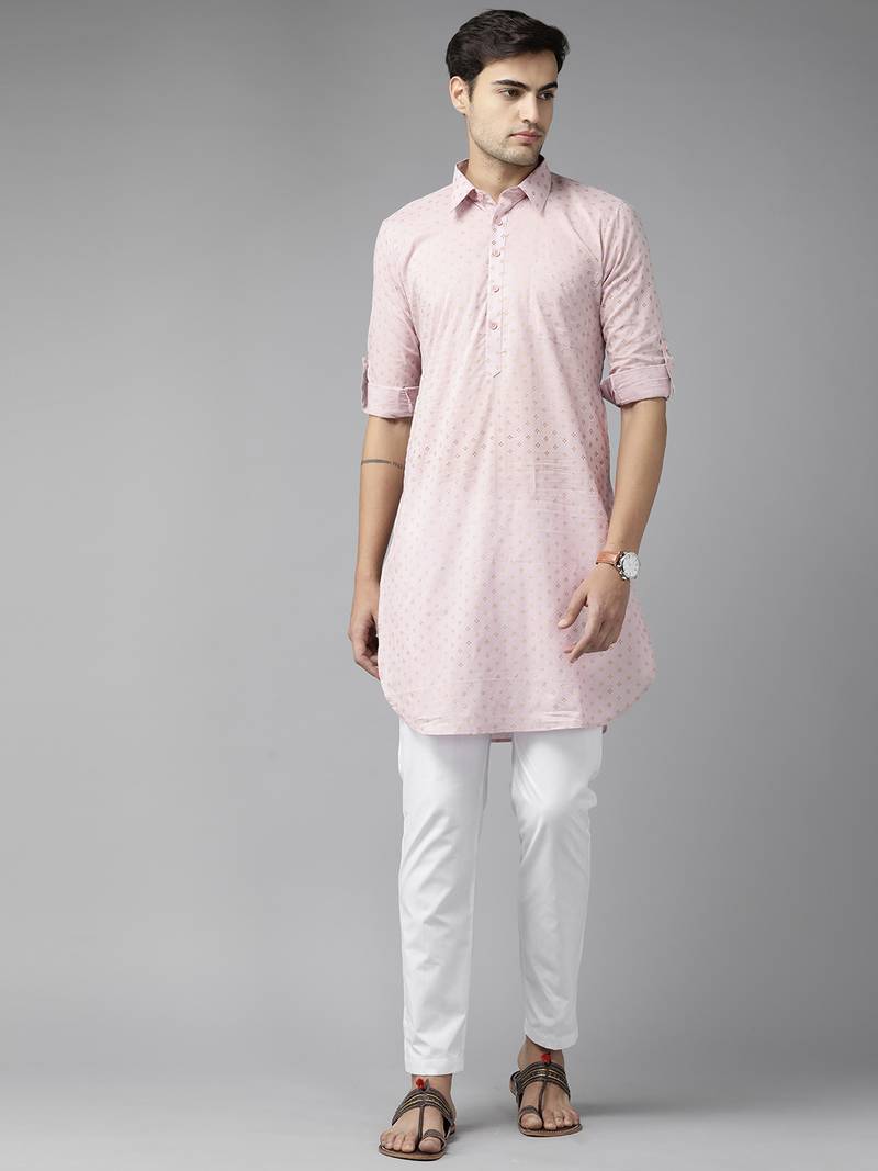 Men Baby Pink Regular Pure Cotton Pathani Printed Men's Kurta