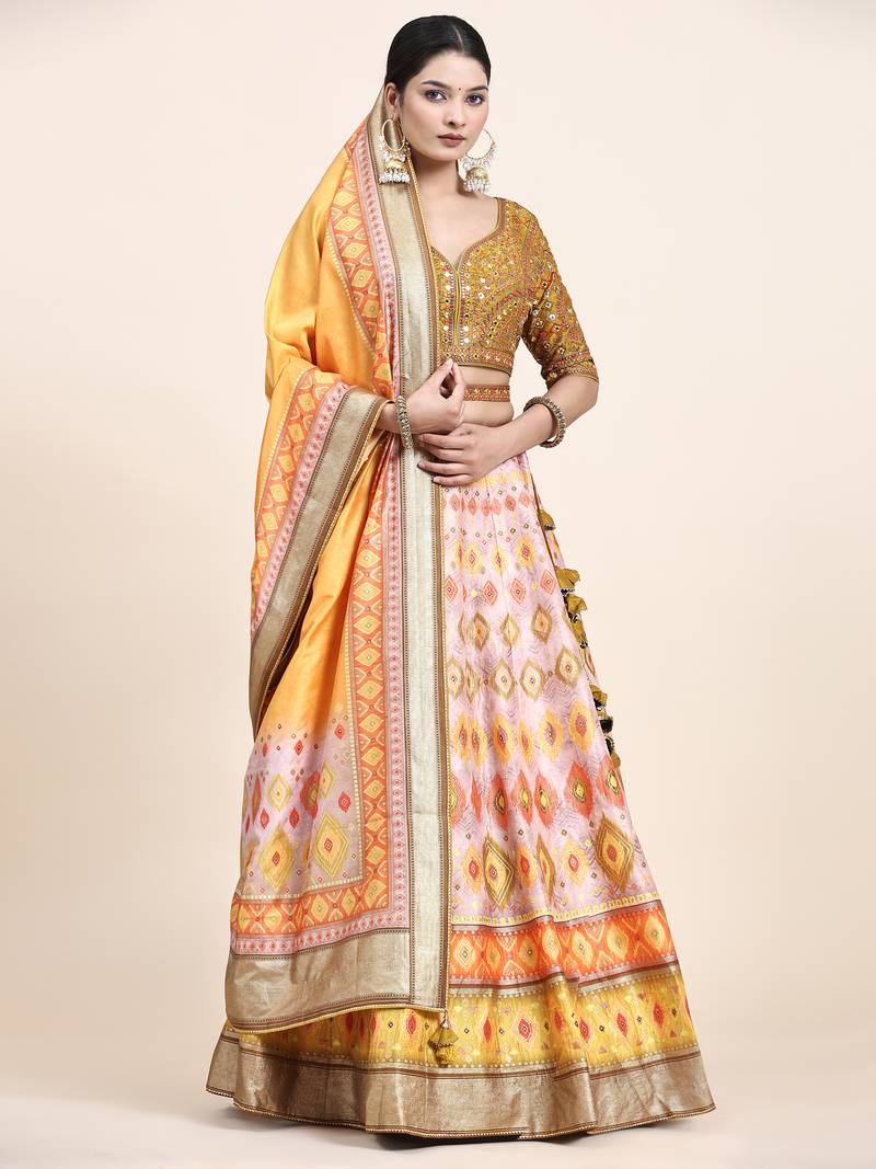 Multi Colour Embroidered Silk Traditional Lehnga Choli with Blouse Free Size