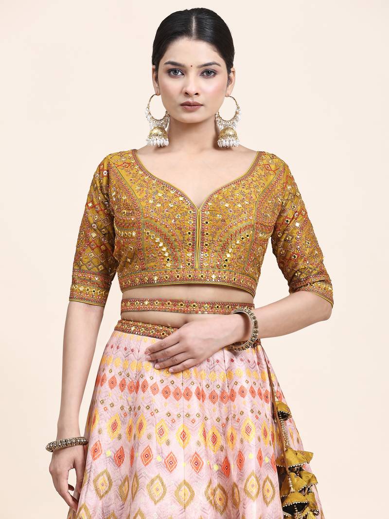 Multi Colour Embroidered Silk Traditional Lehnga Choli with Blouse Free Size