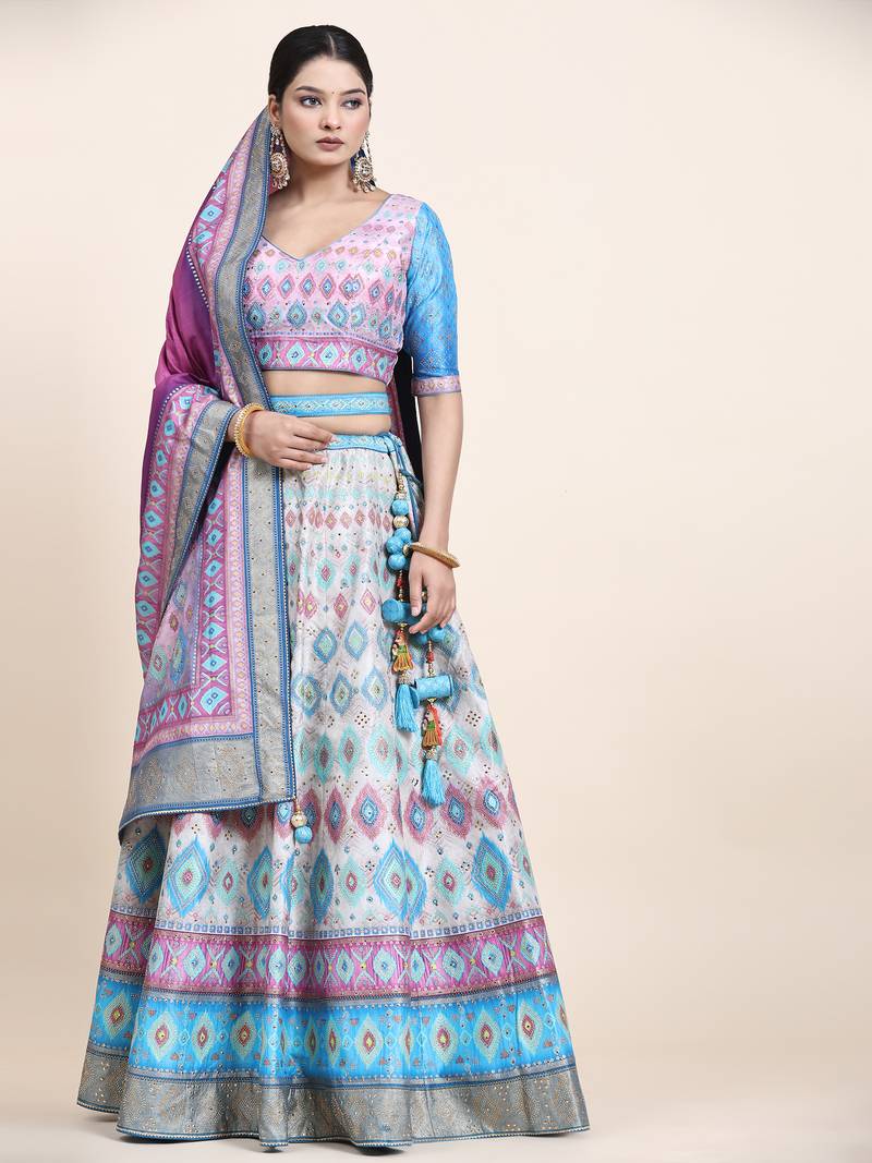 Multi Colour Embroidered Silk Traditional Lehnga Choli with Blouse Free Size