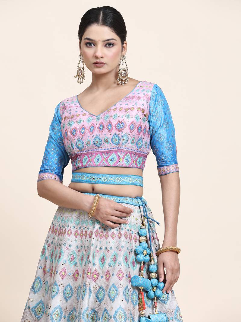 Multi Colour Embroidered Silk Traditional Lehnga Choli with Blouse Free Size