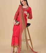 Women's Embroidered Silk Kurta And Pant Set With Net Dupatta (MAK7SEQUIN)