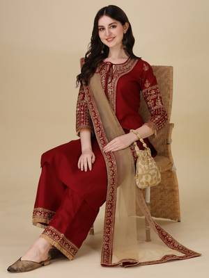 Modestouze Attires Women's Embroidered Silk Kurta And Pant Set With Net Dupatta (MAK7SEQUIN) 1