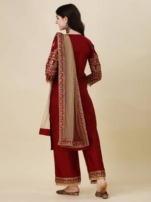 Modestouze Attires Women's Embroidered Silk Kurta And Pant Set With Net Dupatta (MAK7SEQUIN) 2