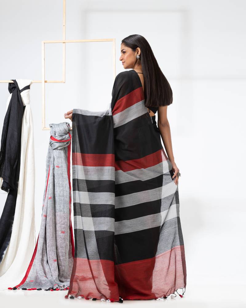 Handspun Cotton Black Handloom Saree