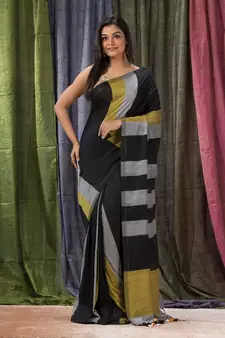 Handspun Cotton Black Handloom Saree