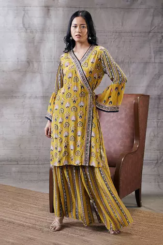 Sarouk Yellow Embroidered Angarkha Set