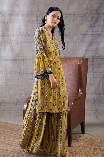 Sarouk Yellow Embroidered Angarkha Set