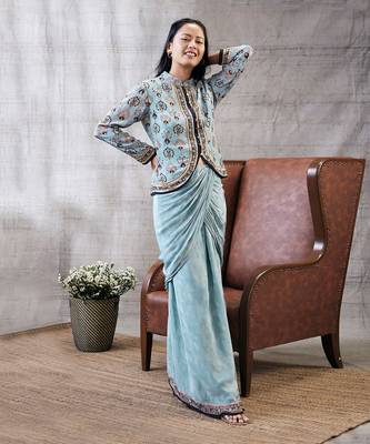 Sarouk Blue Printed Drape Skirt Set 1