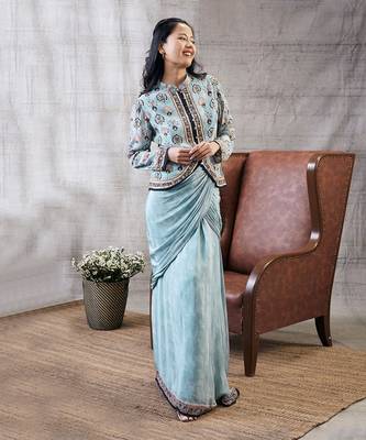 Sarouk Blue Printed Drape Skirt Set 2