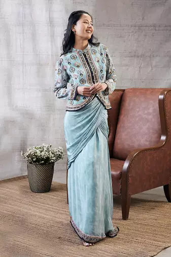Sarouk Blue Printed Drape Skirt Set
