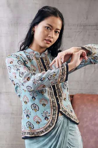 Sarouk Blue Printed Drape Skirt Set