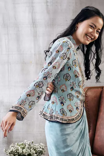 Sarouk Blue Printed Drape Skirt Set
