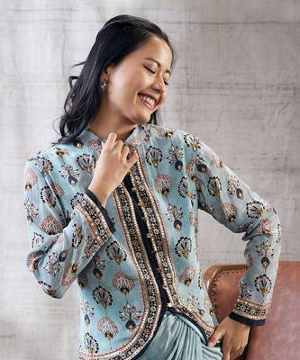 Sarouk Blue Printed Drape Skirt Set 5